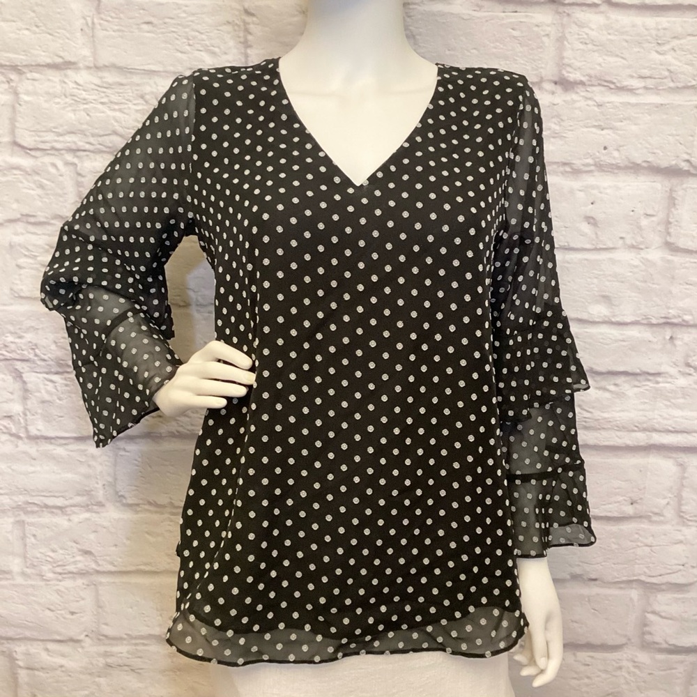 Calvin Klein Med V Neck Women’s Long Sleeve Blouse Top Black Shirt Floral Dots